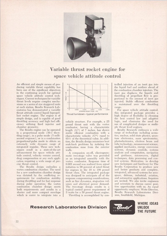 Bendix Original 1965 Vtg Print Ad Space Vehicle Variable Thrust Rocket Engine