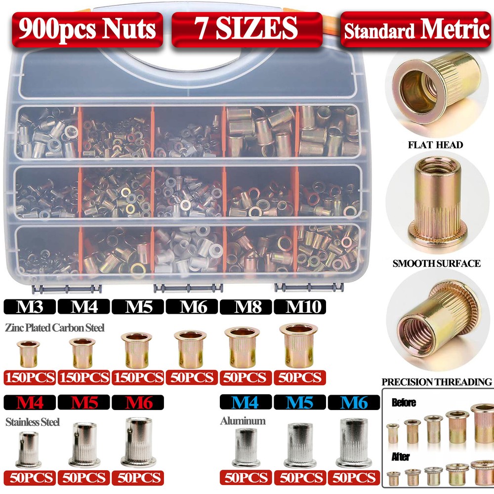 900Pcs Rivet Nut M3-M10 Stainless Steel Rivnut Insert Nutsert Threaded Flat Head