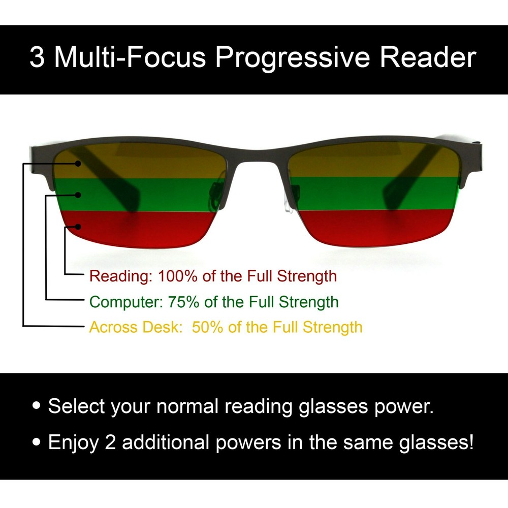 Multi-Focus Progressive Reading Glasses 3 Powers in 1 Reader Spring Hinge Metal