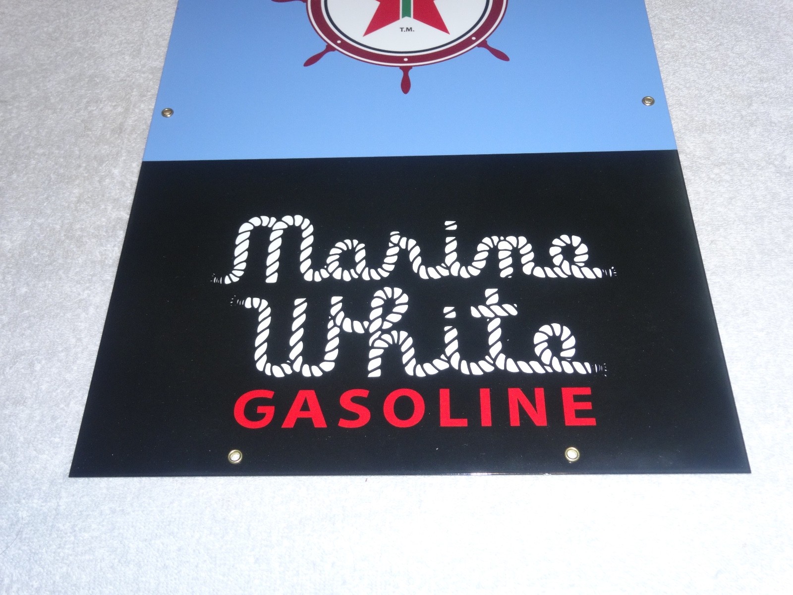 VINTAGE TEXACO MARINE WHITE GASOLINE 18" PORCELAIN METAL GAS OIL PUMP PLATE SIGN