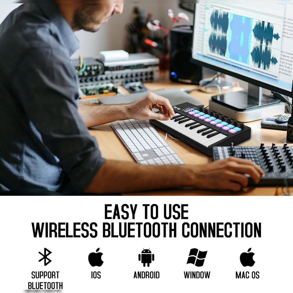 M-WAVE MIDI Keyboard Controller - USB Bluetooth - 25 Key, 16 Pads, Knobs