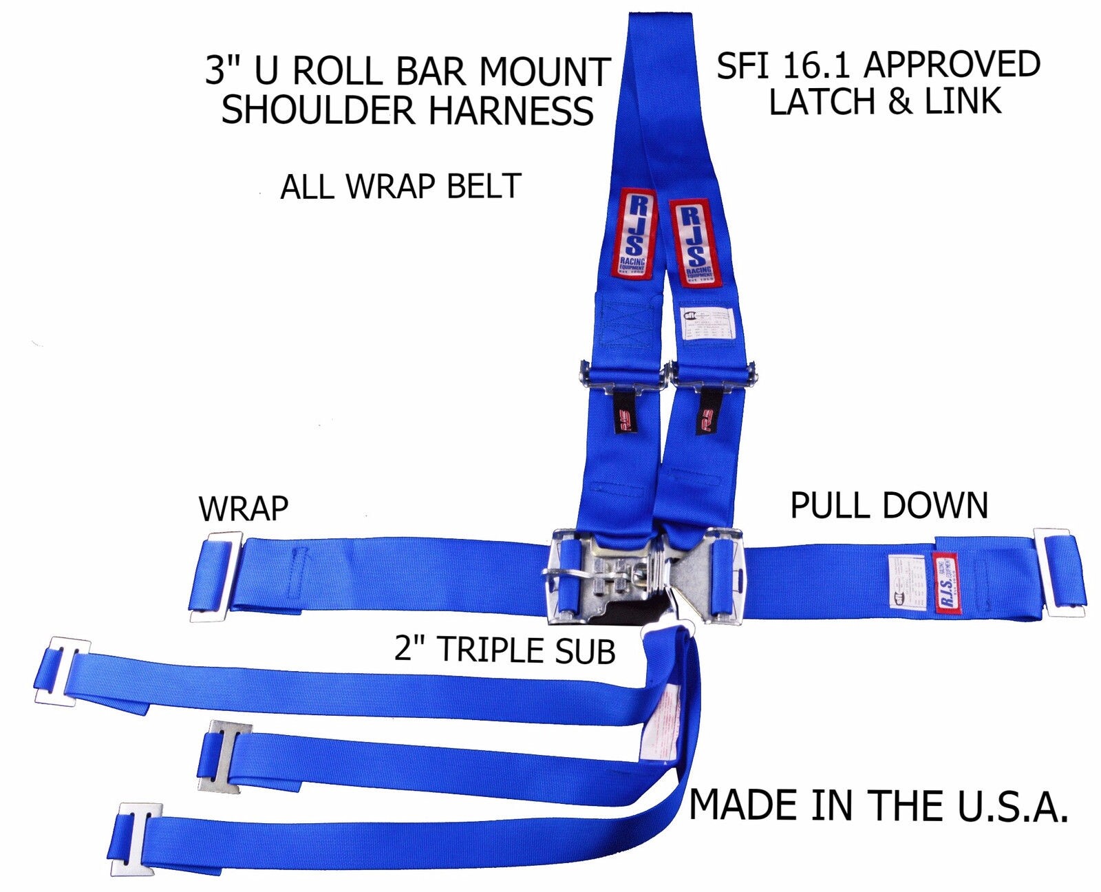 RJS SFI 16.1 LATCH & LINK HARNESS DRAGSTER U WRAP ROLL BAR 7 POINT BLUE 1126003