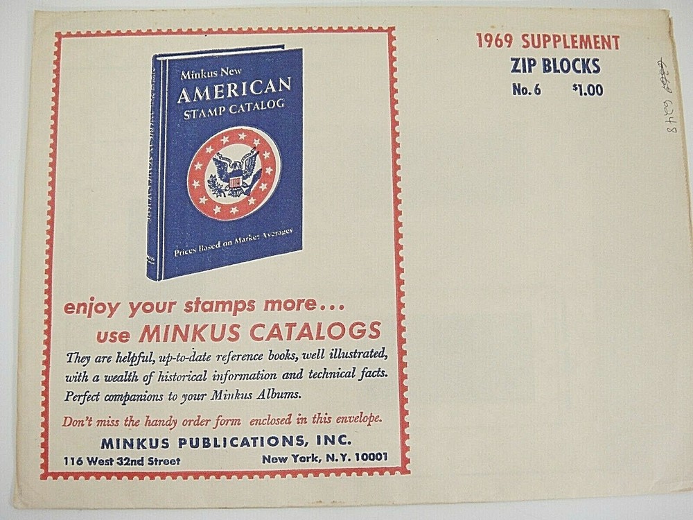 Minkus 1969 American Zip Blocks Stamp Album Supplement #6 NOS