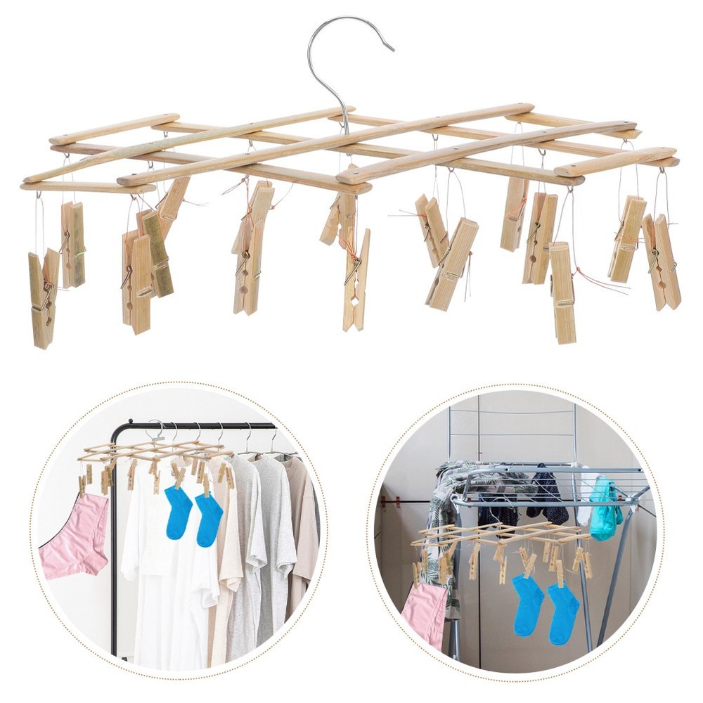 Bamboo Laundry Drying Rack With Windproof Clothespin Hooks