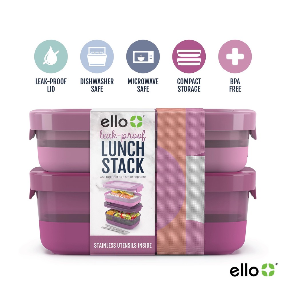 Ello 2-Pack Lunch Stack Plastic Food Storage Container 2 & 3 Cup, Raspberry