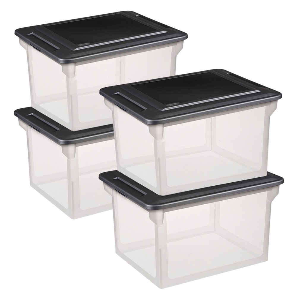 Sterilite File Box, Document Filing Storage Bin with Lid, Clear/Black, 4 Pack