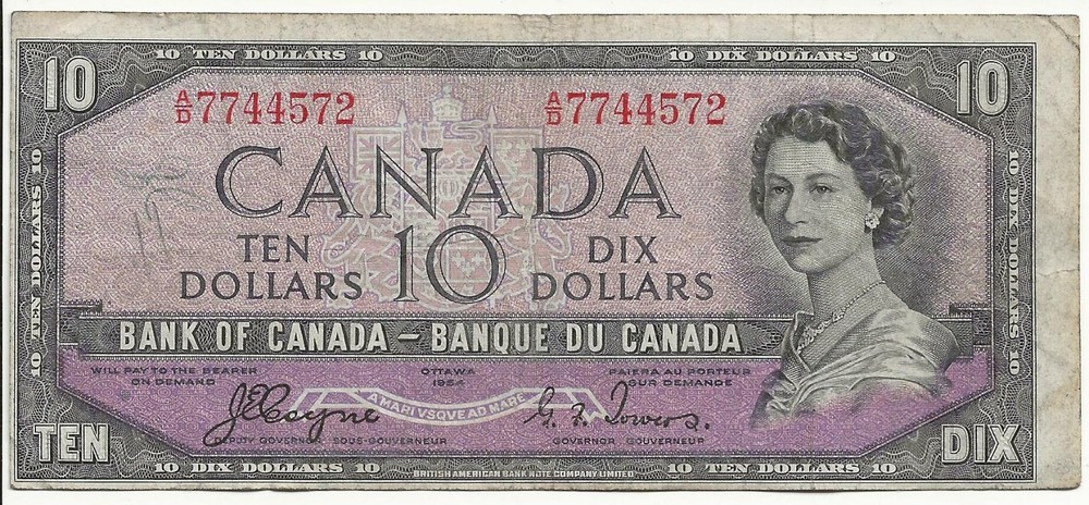 Offset Cut BC-32a 1954 Canada Devil's Face 10 dollar note world lot comb ship