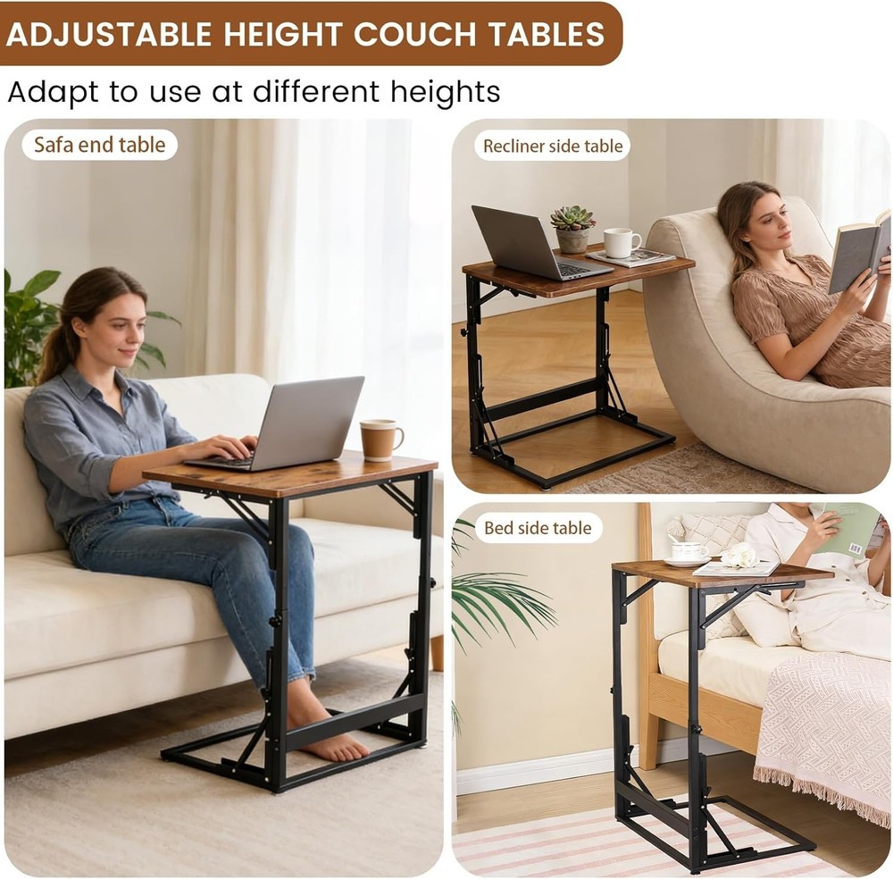 Folding Side Table Adjustable C-Shaped End Table Couch Metal Frame TV Tray Table