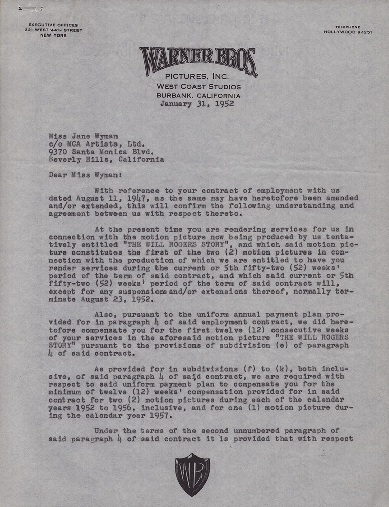 JANE WYMAN - DOCUMENT SIGNED 01/31/1952