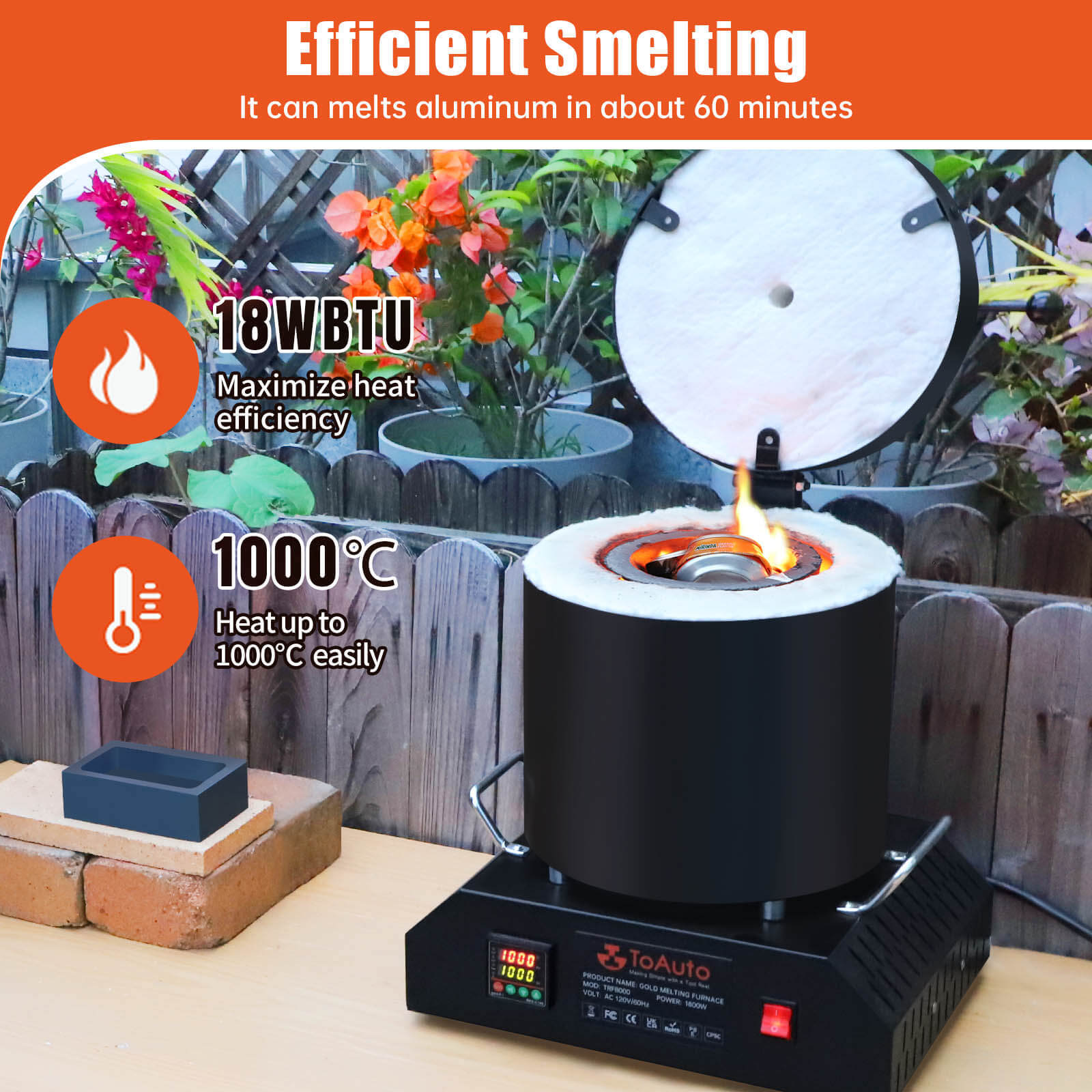 TOAUTO 8KG Electric Aluminum Melting Furnace 1800W Smelter Temperature Control