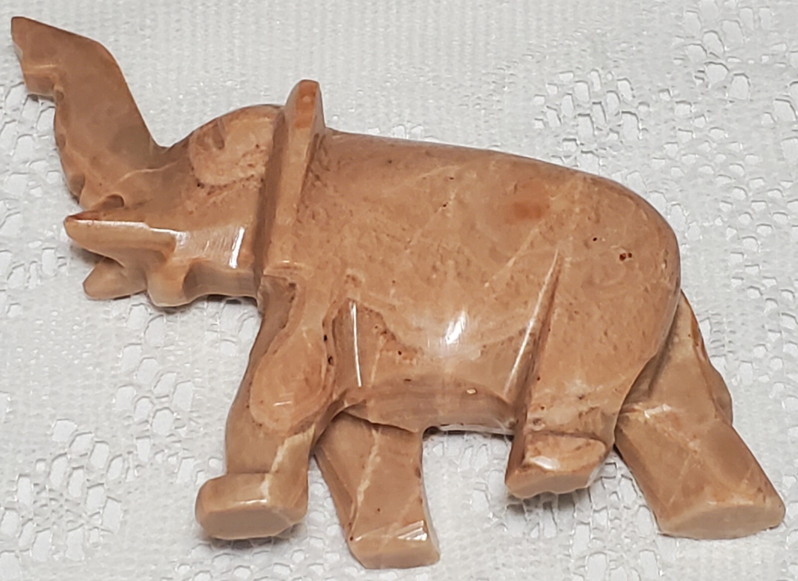 Natural Pink Blush Stone Elephant Hand Carved Marble Trunk Up for Good Luck Vtg