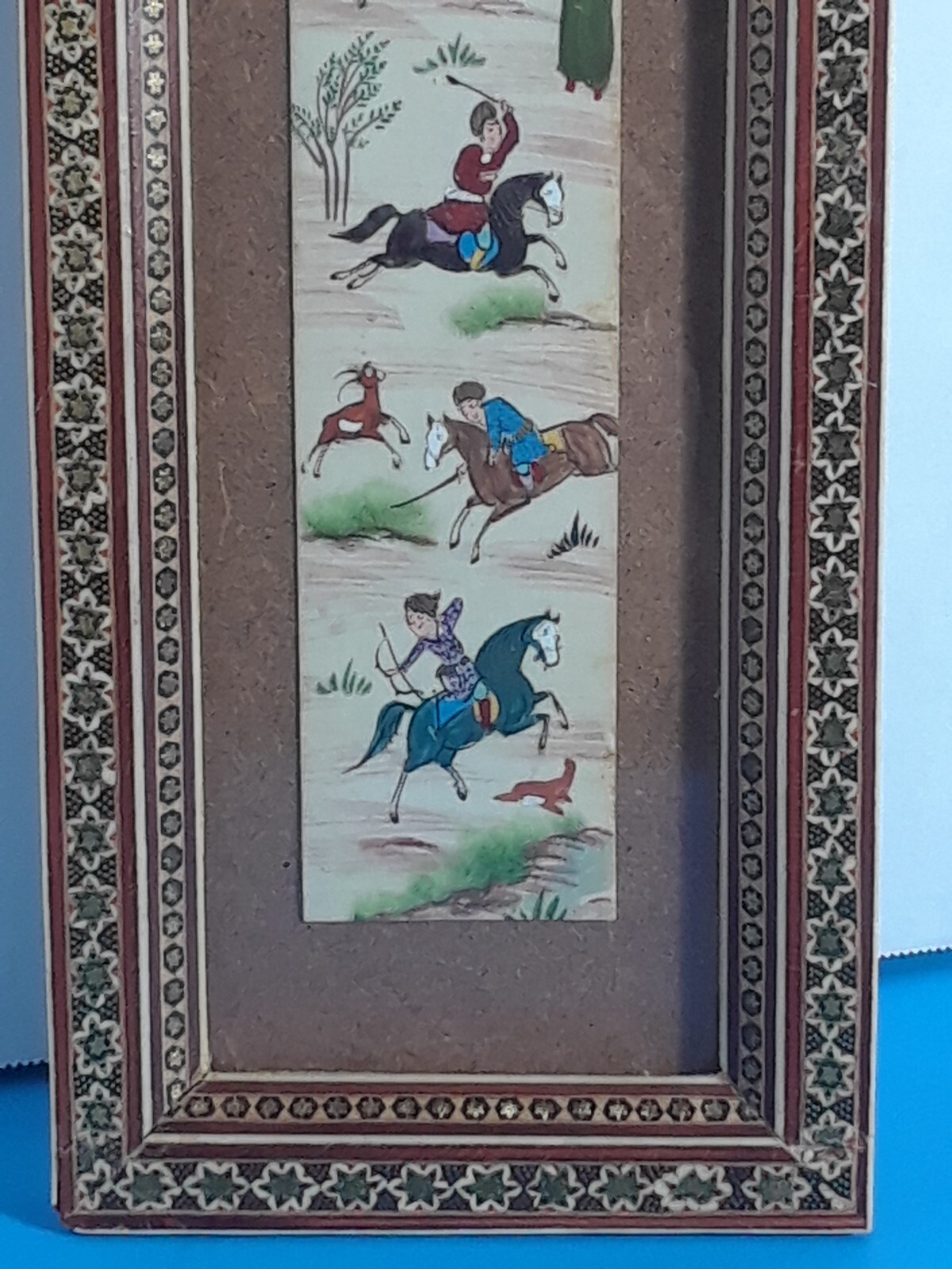 Chinese Scroll Warrior Horses Enamel and Wood Frame 19 3/8 x 5.5