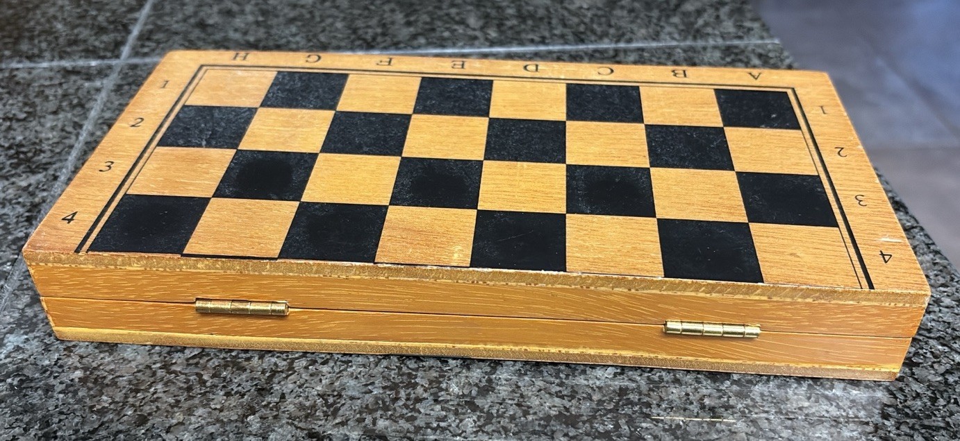 Chess Travel Hinged Wood Board Metal Bronze Silver Pieces Set Small Mini