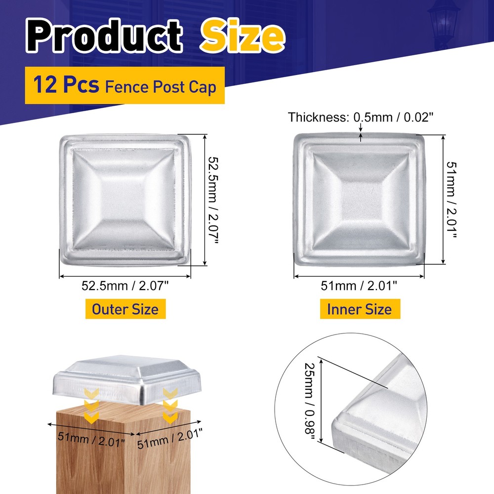 12Pcs Fence Post Cap, Galvanized Deck Post Caps Fit 2" x 2" Pipe, Silver