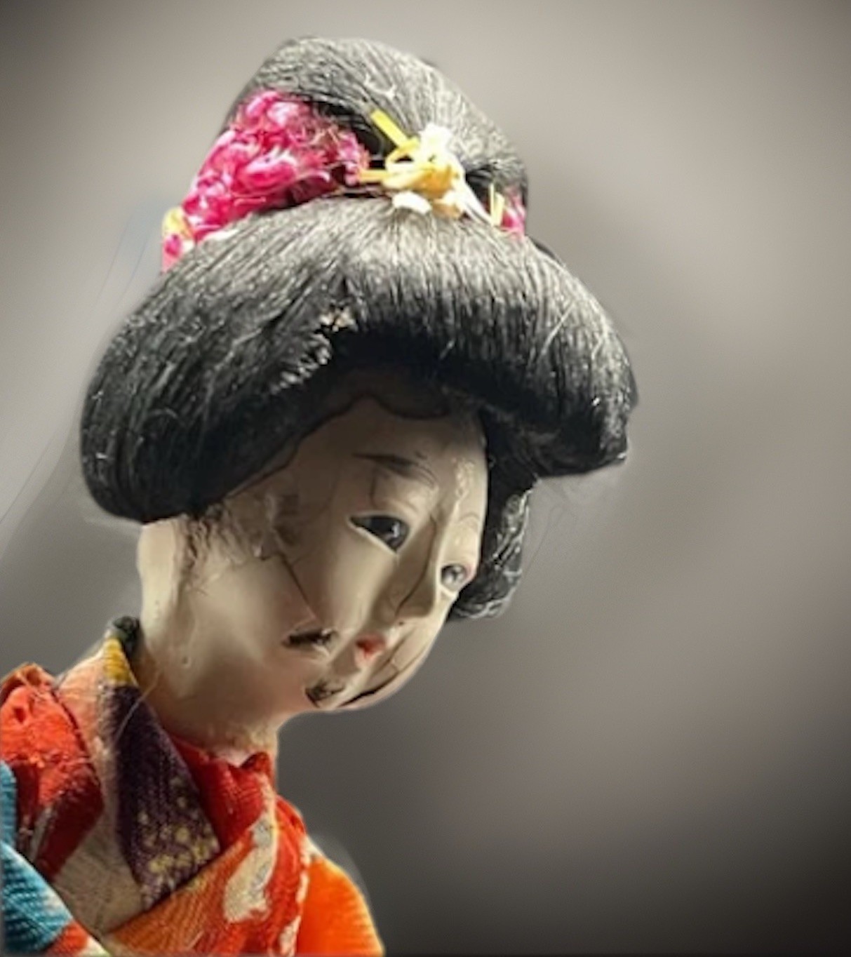 Rare Vintage Japanese Hand Made Japanese Geisha Girl Old Signs Of Age Decay Face