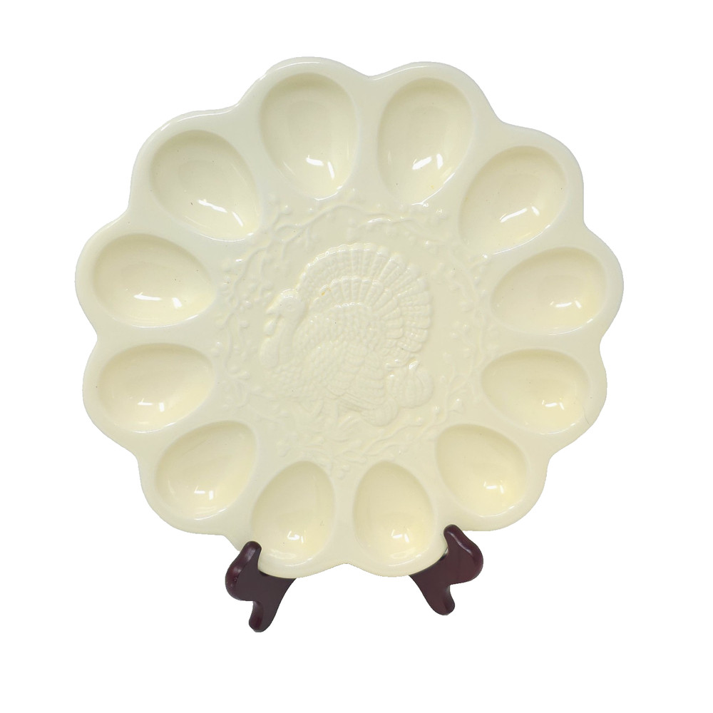 Hallmark Round Ceramic Deviled Egg Plate Platter Dish Turkey Thanksgiving