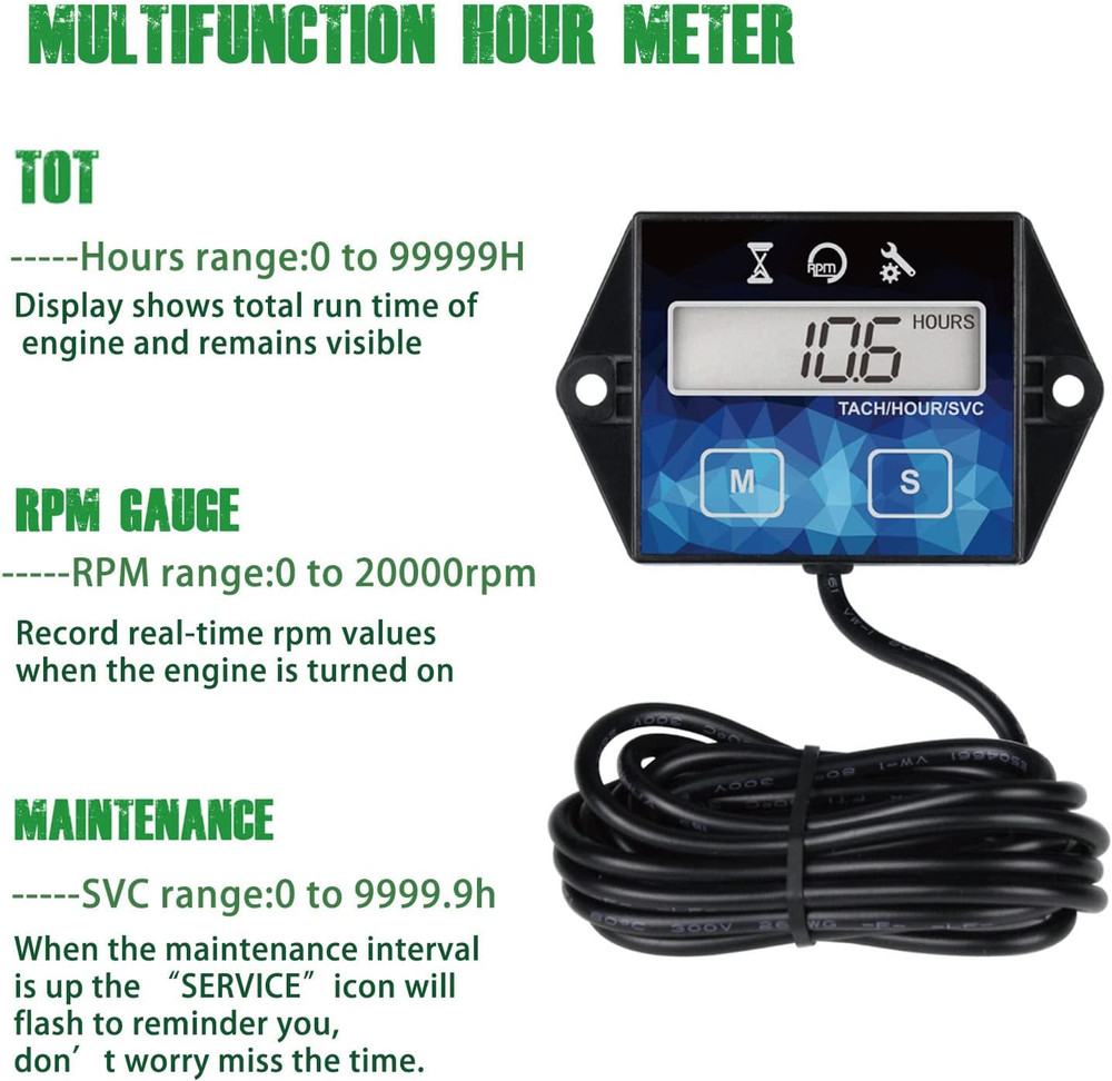 Digital Small Engine Tachometer Hour Meter,Resettable Hours,Replaceable Battery