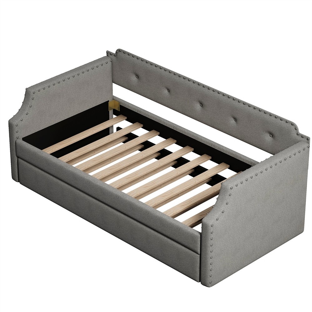 Twin Size Daybed with Pull-Out Trundle Bed Upholstered Bed Frame Sofa Bed