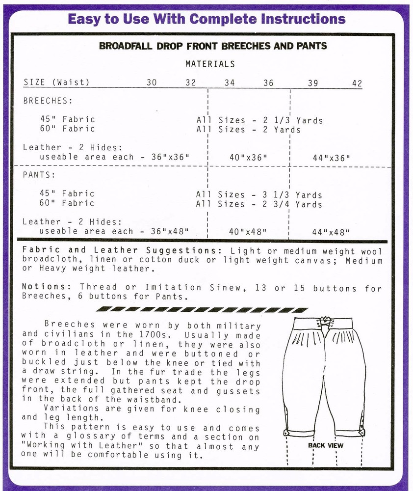 Men's Broadfall Drop Front Breeches Pants size 30-42 Eagle's View Sewing Pattern