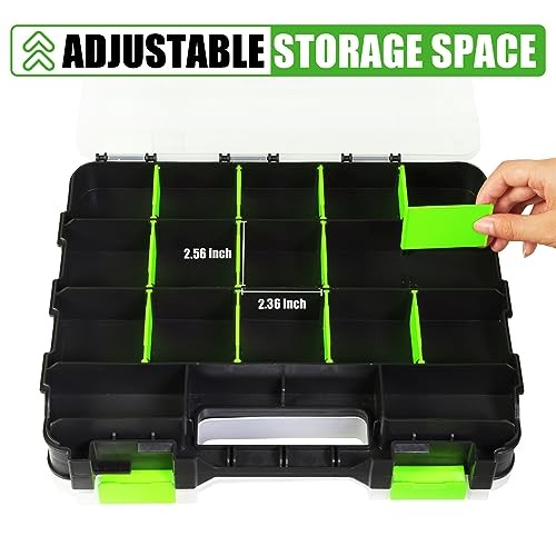 Tool Box with Transparent Lid, Double Side 34-Compartments 2 PACK Green