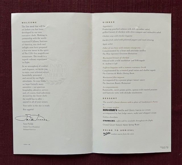 United Air Lines First Class Menu 1998