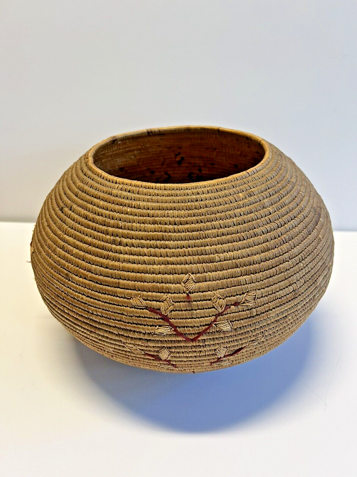 Native American Alaskan Indian Inuit Basket; Embroidery; Large; Late 1800's