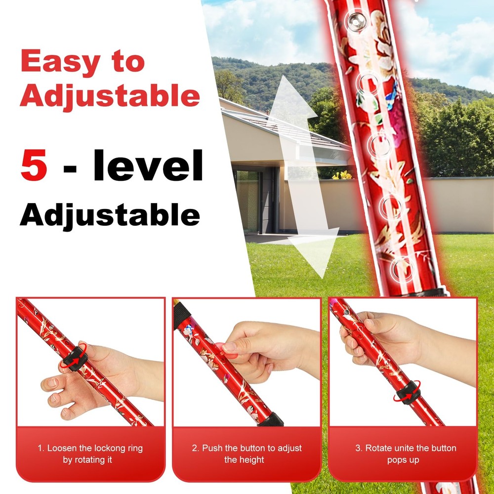 Folding Cane, Portable 5-Level Adjustable Height Walking Stick with Foldable ...
