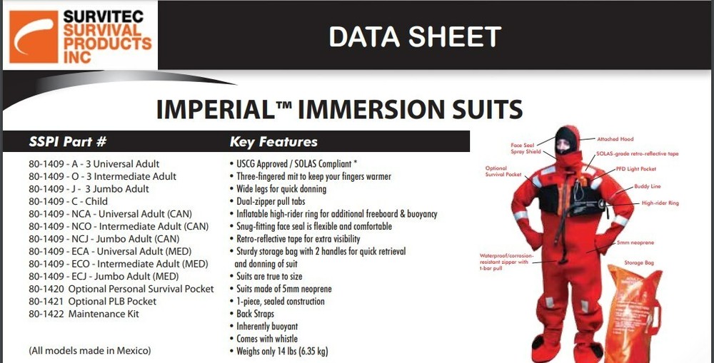 4 Immersion Suits by Survitec Survival Products