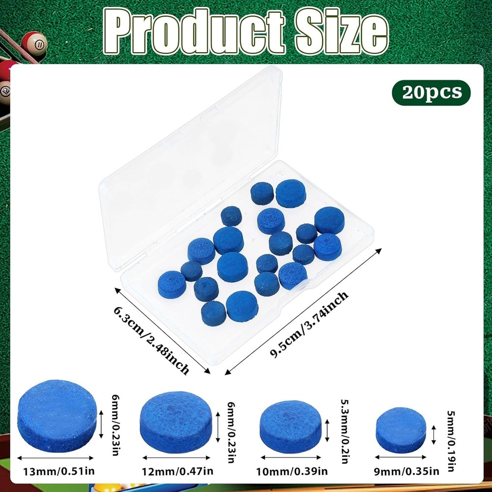 20 Pieces Billiard Pool Cue Tips, 13/12/10/9mm, Pool Stick Replacement Tips