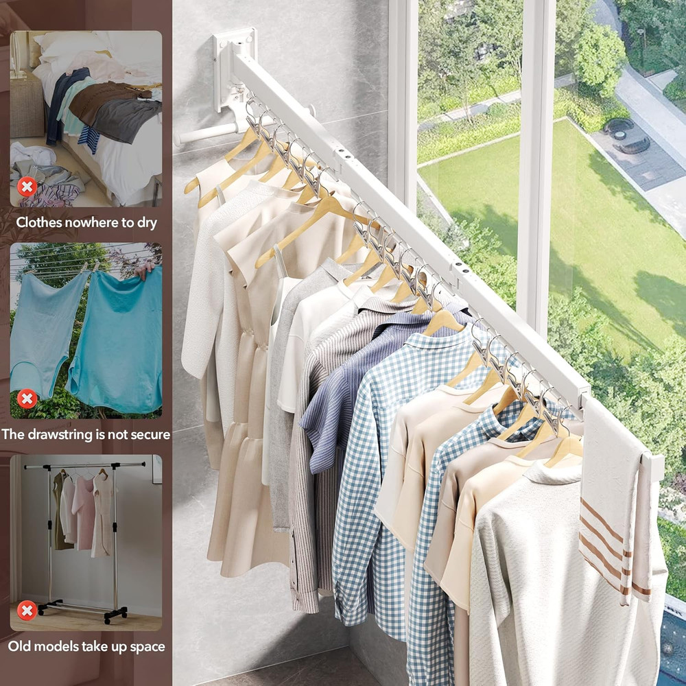 Retractable Wall Mounted Clothes Hanger & Drying Rack with Clips - White