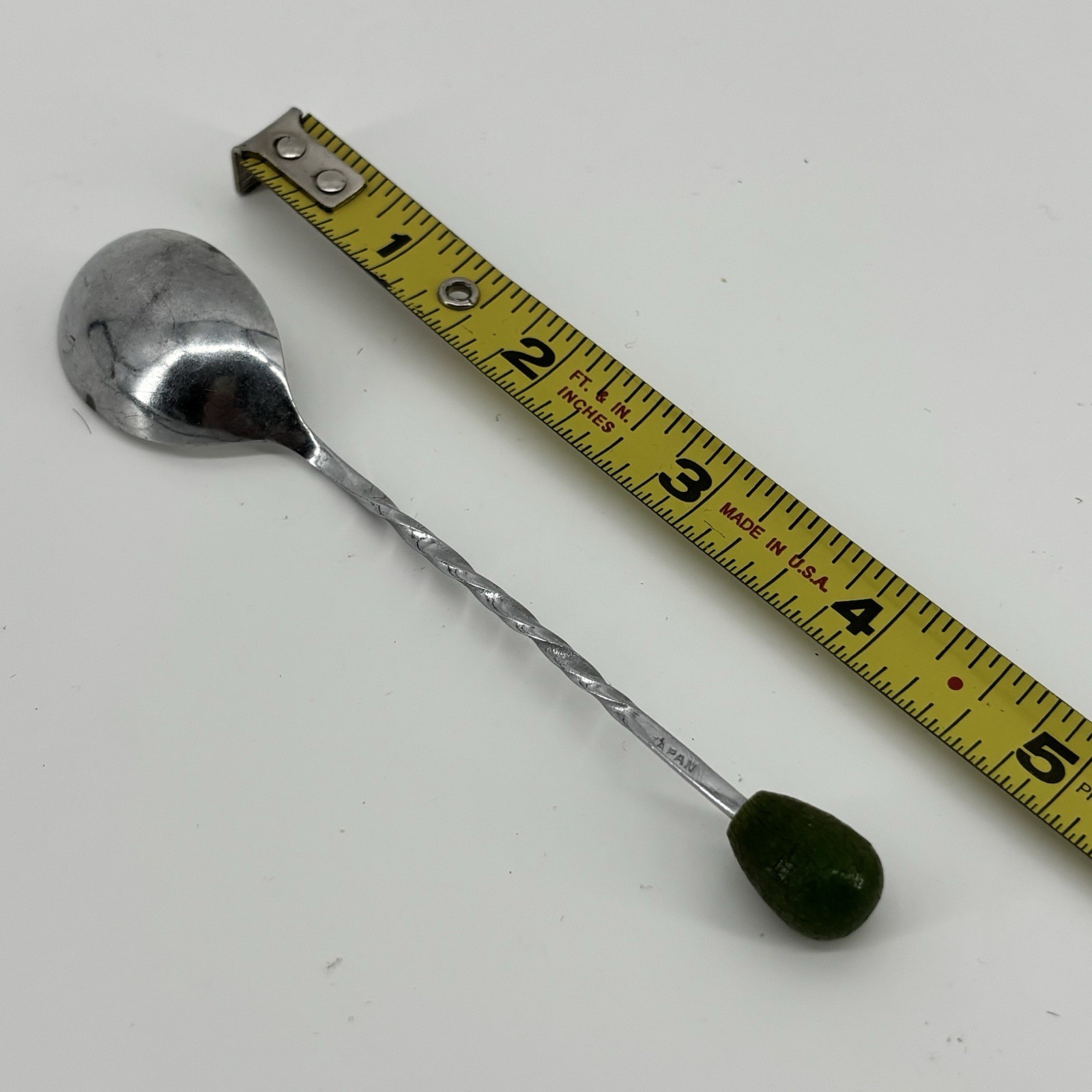 Vintage Bar Spoon Swizzle Japan Stainless Steel Twisted Hanlde 5in W/Green Wood
