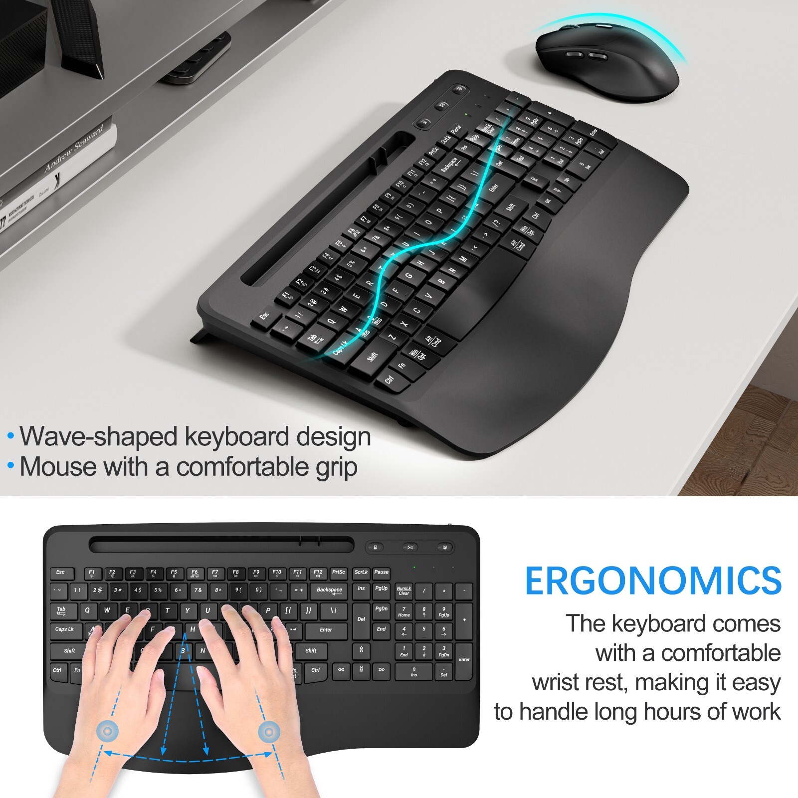 Rechargable Wireless USB Keyboard and Mouse Ergonomic Combo Full-Sized Quiet