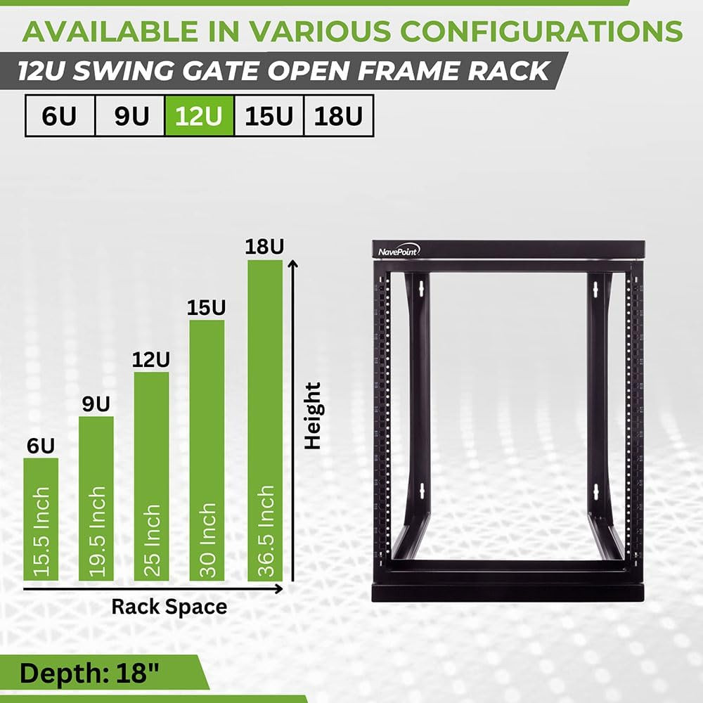 Navepoint 12U Open Frame Server Rack for 19" IT Network Equipment & A/V Devices,