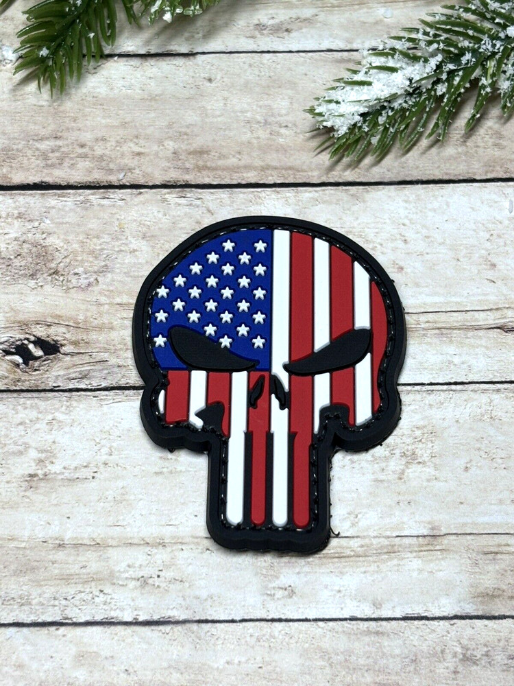 Punisher PVC Patch - Tactical Morale Red White & Blue Flag Patch - Skull Patch