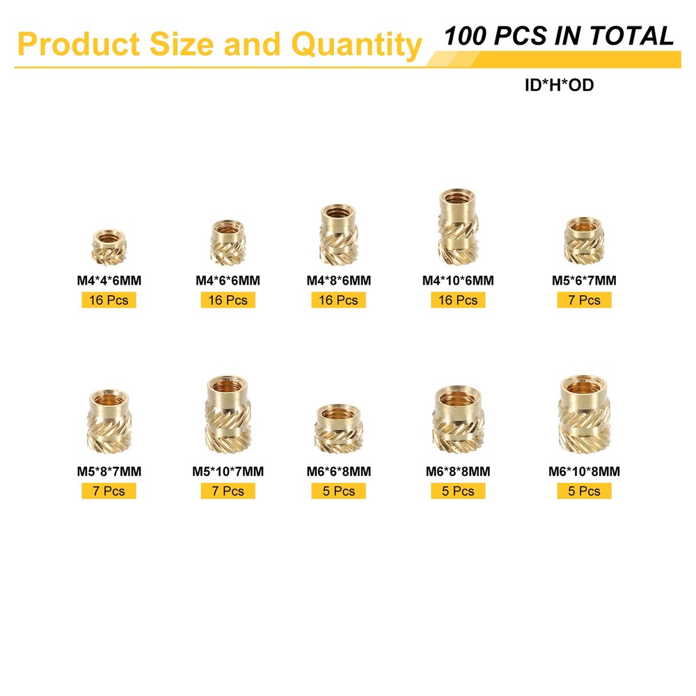 100pcs M4 M5 M6 Metric Threaded Inserts with Heat Set Insert Tips