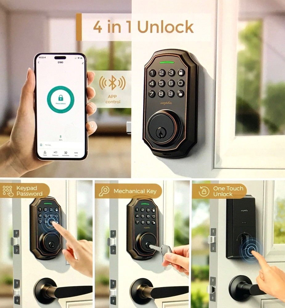 ARPHA Smart Keyless Entry Door Lock, W/2 Handle Set, Bluetooth Elec,Keypad&App.