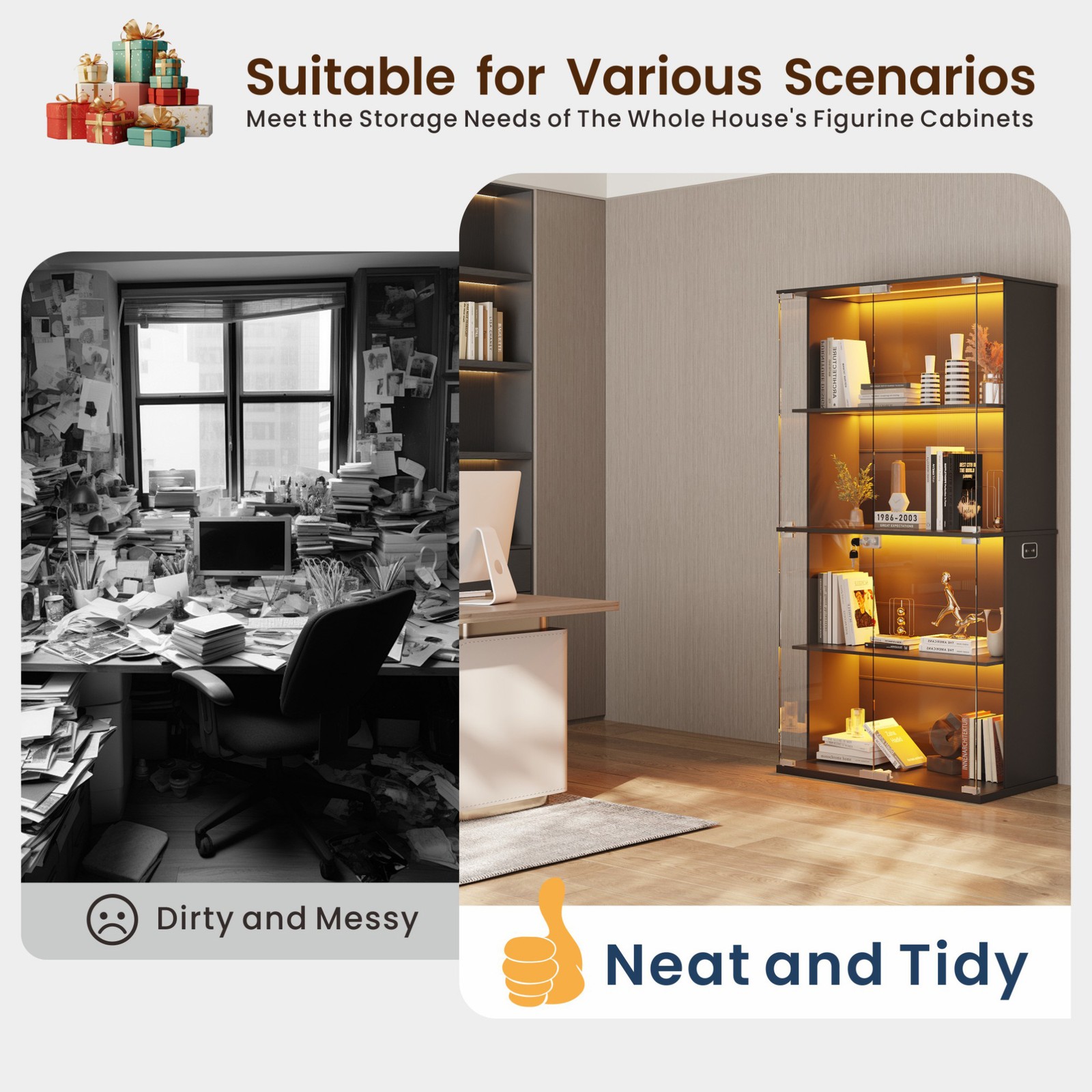 Display Cabinet with Glass Doors, Curio Cabinet with LED Lights for Collectibles