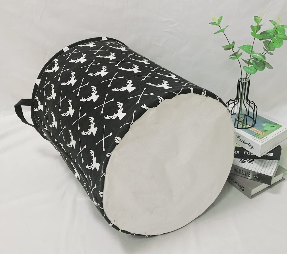 Round Laundry Hamper Deer Pattern Storage Organizer Basket Handles Bin Decor