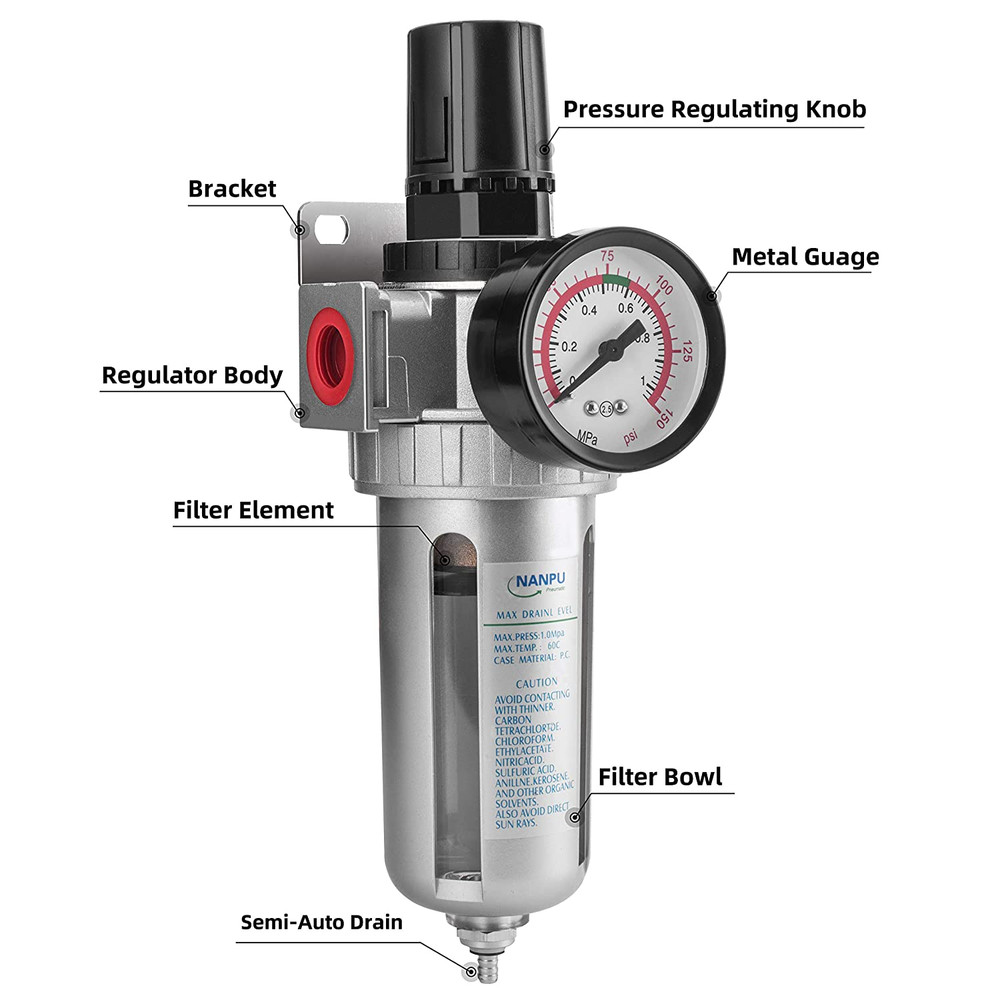 1/4" NPT Compressed Air Filter Regulator Combo, Air Filter Pressure Regulator