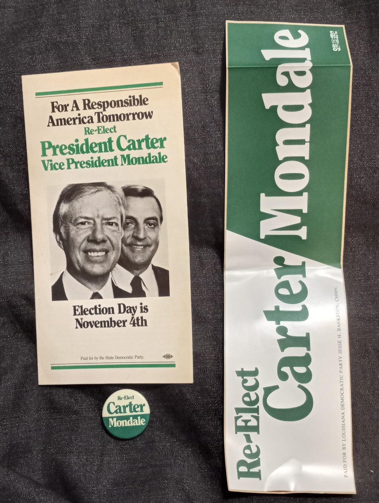 Vintage 1981 Re-Elect Carter Mondale Campaign Brochure, Bumper Sticker, Pin Back