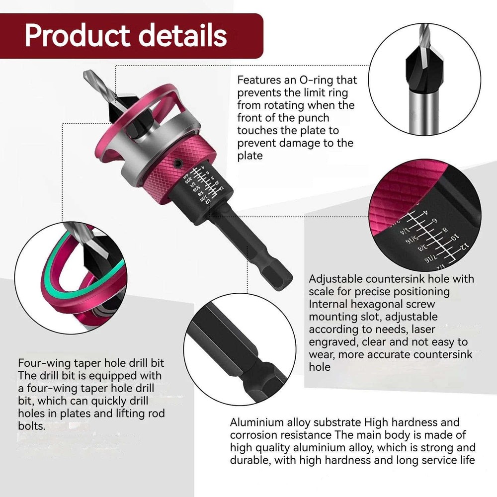 6PCS Adjustable Depth Stop Drill Bit Set for Countersinking Wood Screws Holes