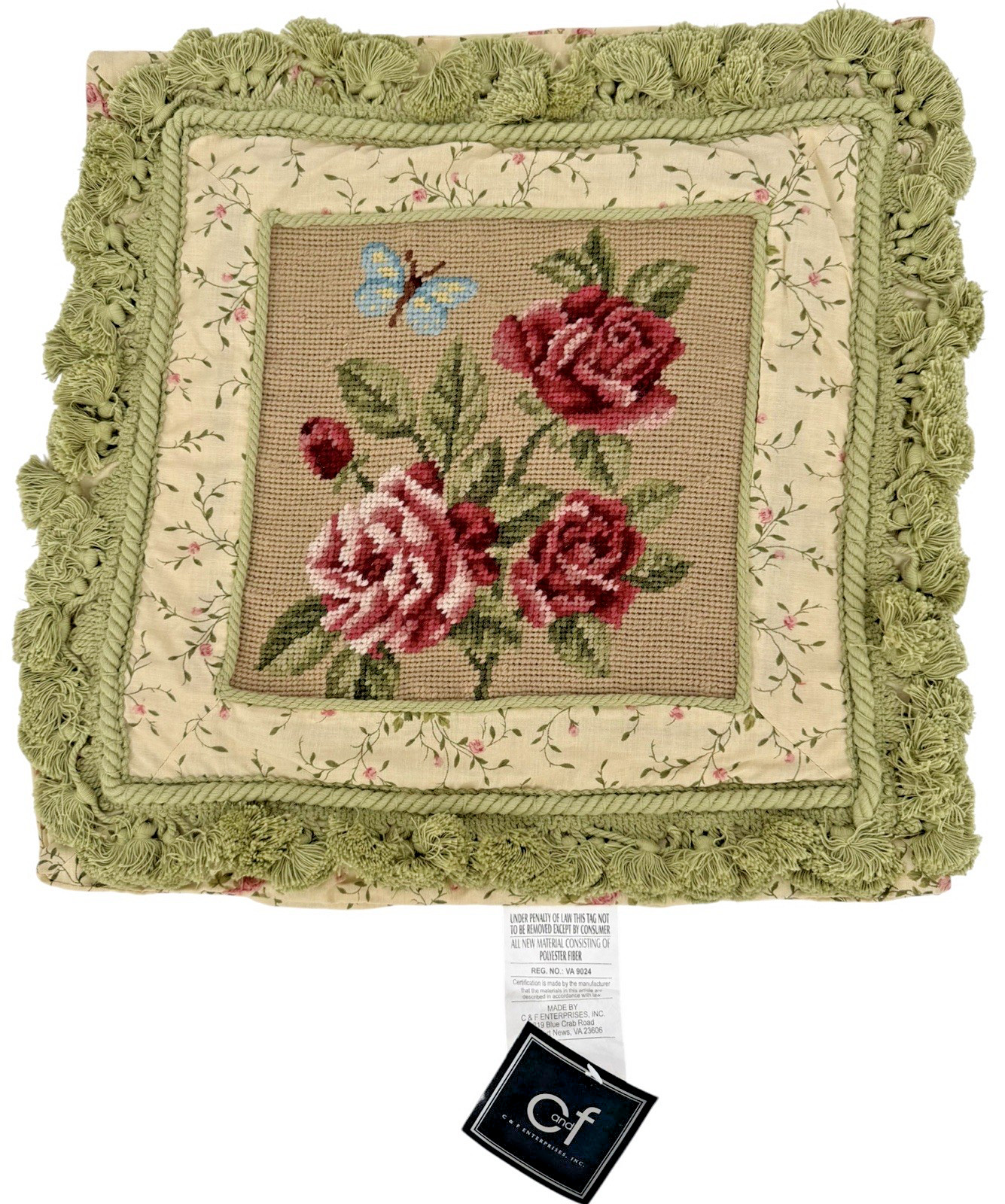 NWT C&F 100% Wool Floral Needlepoint Throw Pillow Cover Green Rose Butterfly 16"