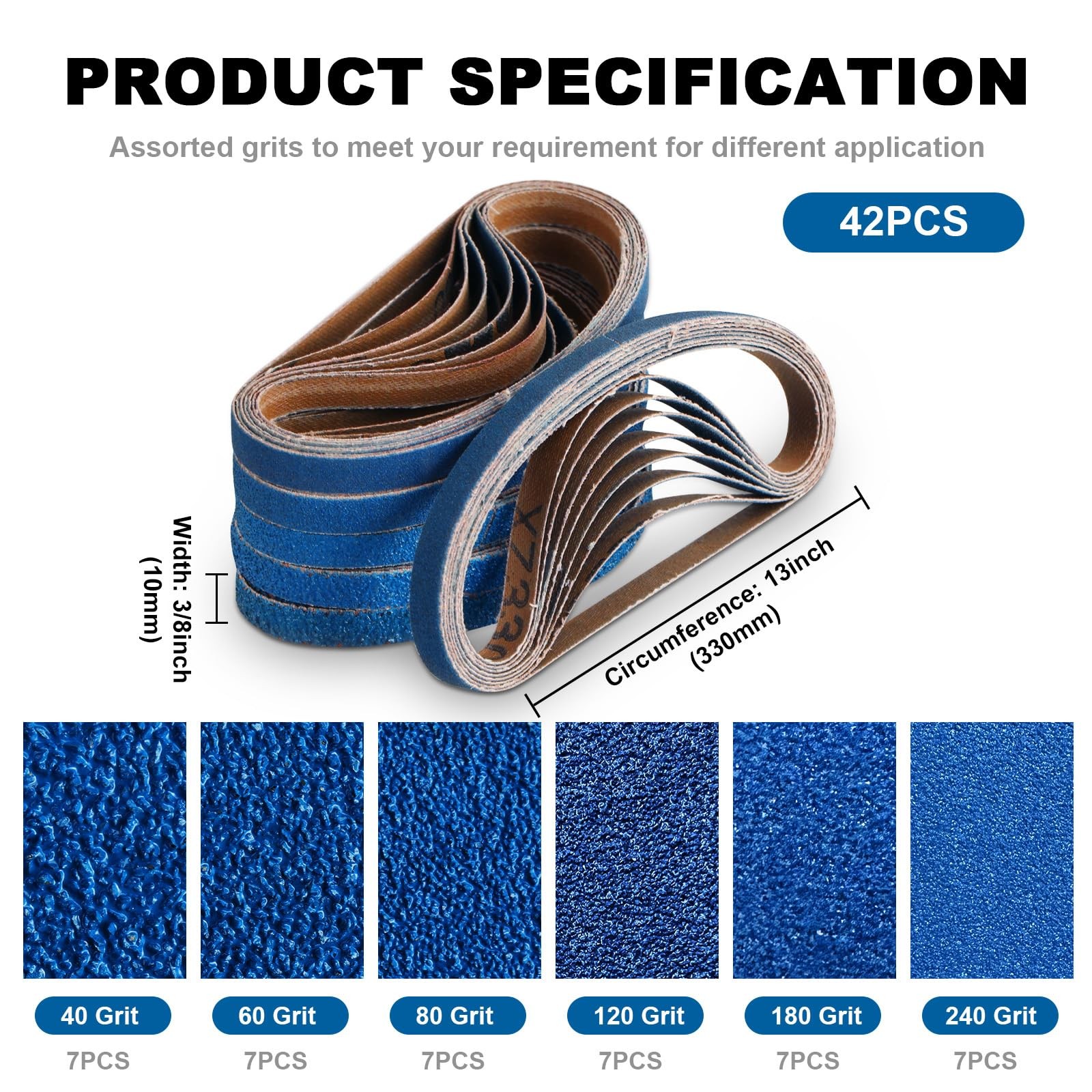 3/8 x 13 Inch Zirconia Sanding Belts, 42 Pcs 7 Each of 40/60/80/120/180/240 A...