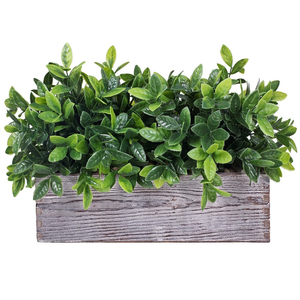 Artificial Eucalyptus Plant in Rustic Rectangular Wooden Planter Box Faux Pot...