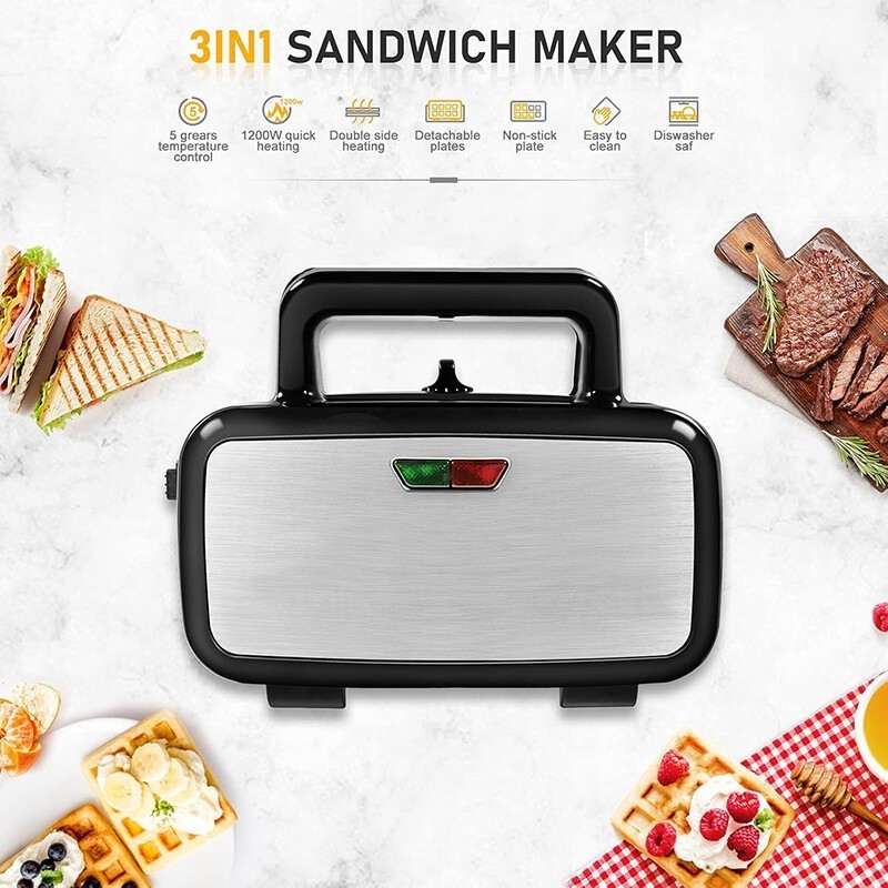1200W KITCHEN 3 IN 1 SANDWICH TOASTER WAFFLE MAKER IRON TOAST GRILL PANINI PRESS