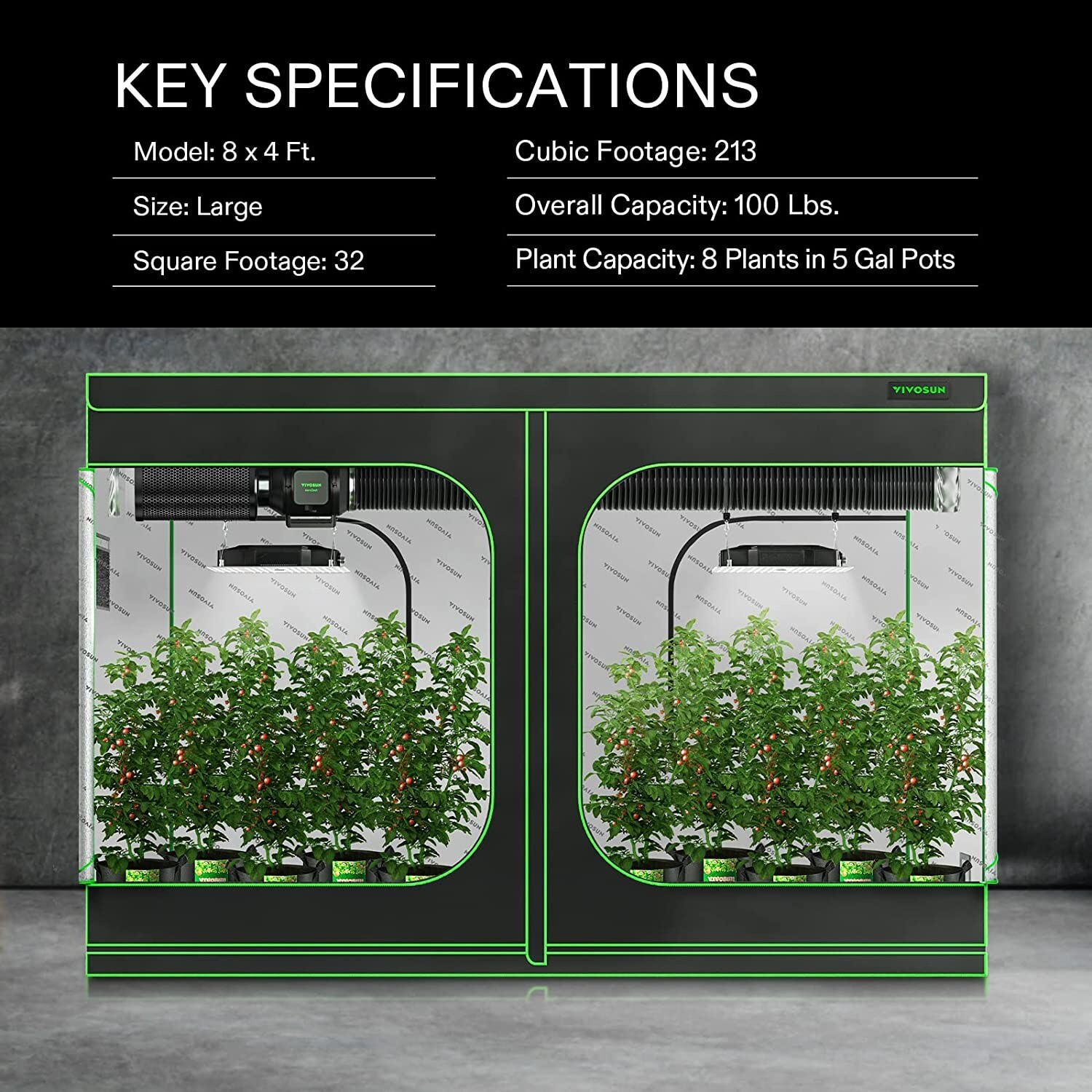 VIVOSUN Indoor Grow Tent 8'x4' Non toxic Mylar Room Reflective 96"X48"X80"