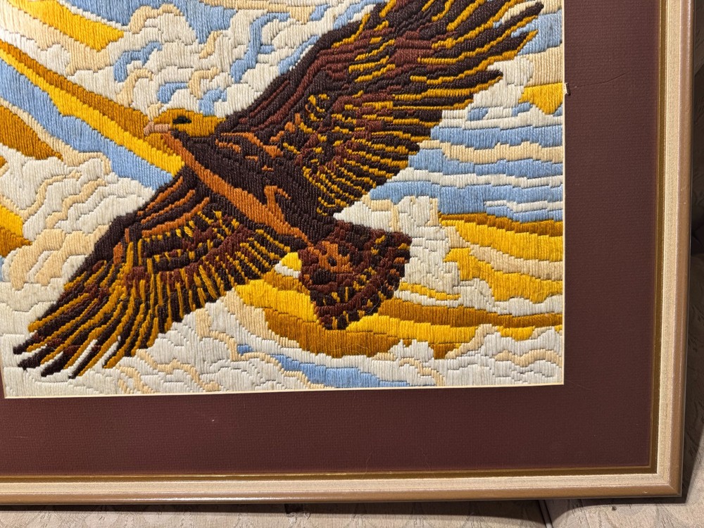 Large Vintage Needlepoint "An Eagle In Flight" - Framed