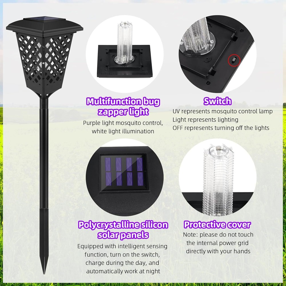 2 Pcs Solar Powered LED Bug Zapper Outdoor