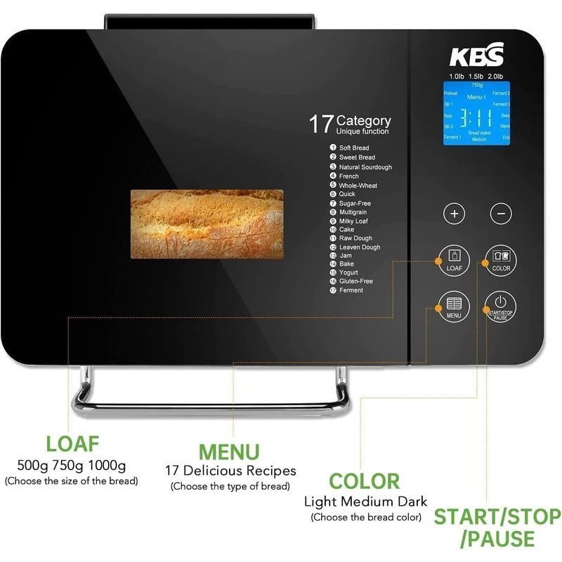 Automatic Bread Machine 710W Non Stick Ceramic Pan 17 Programs Timer Dispenser