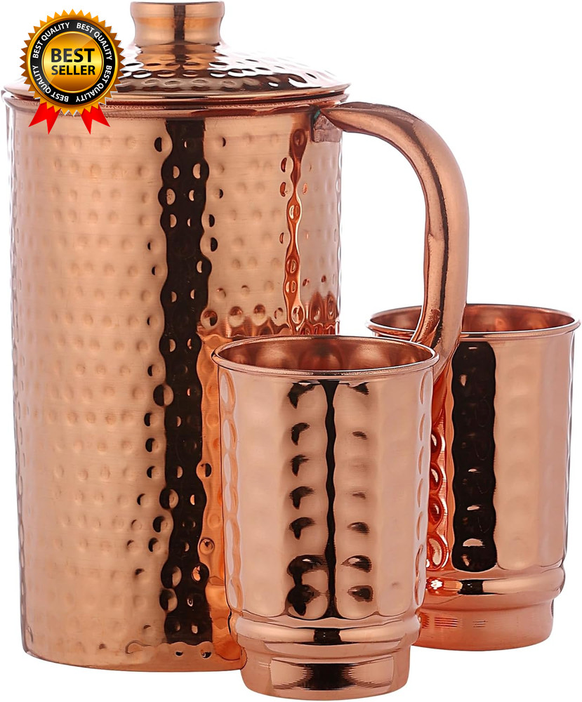 - Pure Copper Hammered Water Jug with 2 Hammered Copper